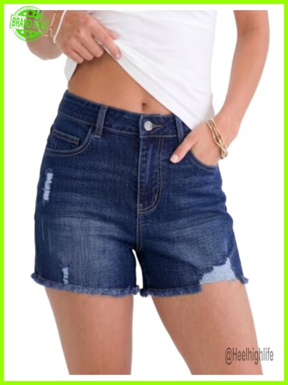 High Waisted Distressed Jean Shorts 3.5" Inseam Cotton Blend Frayed Hem